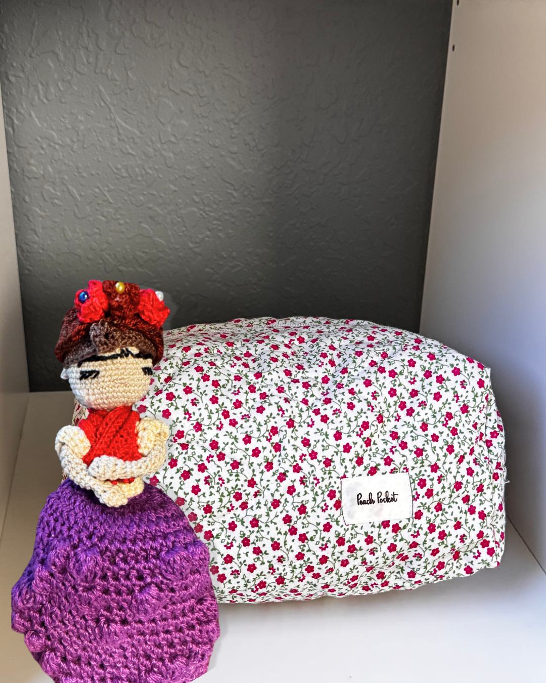Frida Amigurumi and quilted floral bag in red and olive colors